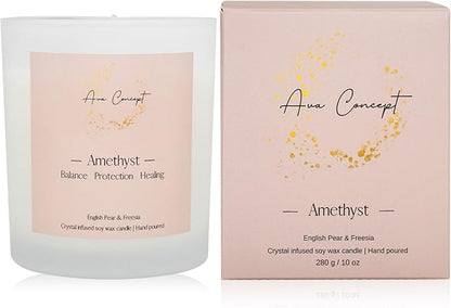Healing Crystal Candle, Scented Candle Infused Amethyst and Clear Quartz Crystals, English Pear&Freesia Scented,Positivity Energy Wellness, Gift for Women Aromatherapy Clean Vegan 10Oz Jar