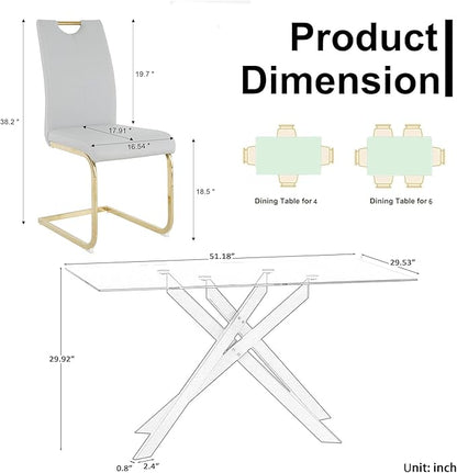 Goujxcy Gold Dining Table Set for 4, Glass Kitchen Table with Chair Set, Modern 51" Rectangle Glass Dining Table and 4 Grey PU Leather Chairs with Metal Frame for Kitchen Dining Room