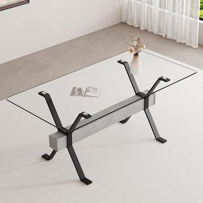 Glass Dining Table 71"｜Modern Dining Table for 6｜0.4" Thick Tempered Glass Top｜Matte Black Metal Legs｜Grey Crossbar｜Easy Assembly｜Perfect for Dining Room or Kitchen