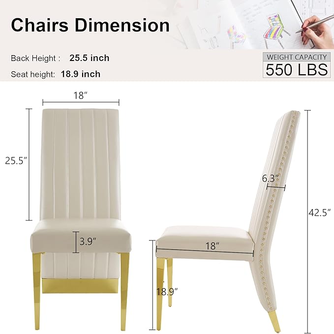AUZ White Leather Dining Chairs Set of 6, Luxury White and Gold Upholstered Dining Room Chairs with Nailhead Trim, Modern Dining Chair with Polished Gold Metal Legs