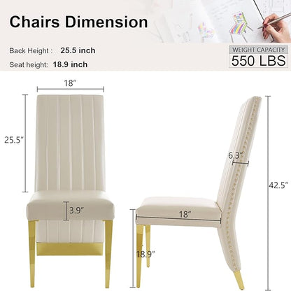 AUZ White Leather Dining Chairs Set of 6, Luxury White and Gold Upholstered Dining Room Chairs with Nailhead Trim, Modern Dining Chair with Polished Gold Metal Legs
