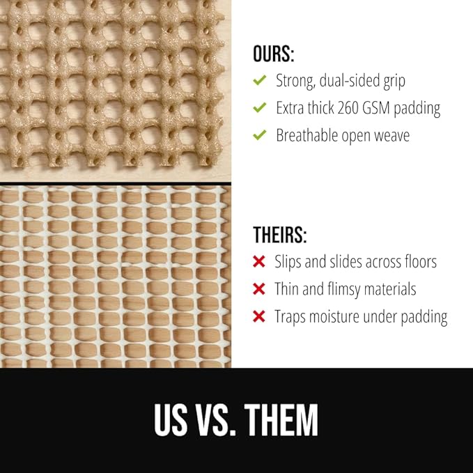 GORILLA GRIP Premium Dual Sided Extra Thick Rug Gripper Pad for Hardwood Floors, Breathable Slip Resistant Pad Grips Under Carpet Area Rugs for Hard Surface Floor Protection, Easy Trim Mats, 2x3 Beige