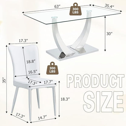 Glass Dining Table Set for 4,Dining Room Table Set for 4,Kitchen Table Set with 4 PU Leather Chairs,63'' Glass Dining Table Set with Silver U-Shaped Table Legs and Rectangular Base