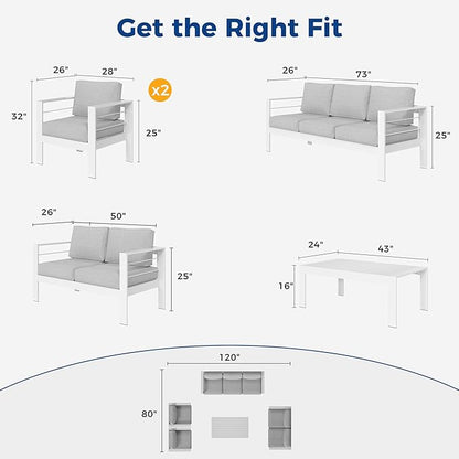 Wisteria Lane Aluminum Outdoor Patio Furniture Set, 7 Seats Modern Patio Conversation Sets, Outdoor Sectional Metal Sofa with 5 Inch Cushion and Coffee Table for Balcony, Garden, Light Grey