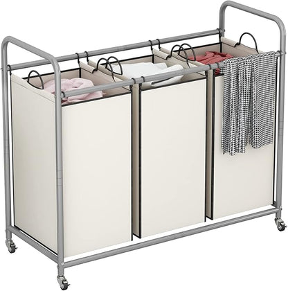 LINZINAR 3-Bag Laundry Sorter,Laundry Hamper Cart with Heavy Duty Rolling Lockable Wheels and Removable Bags (Beige)