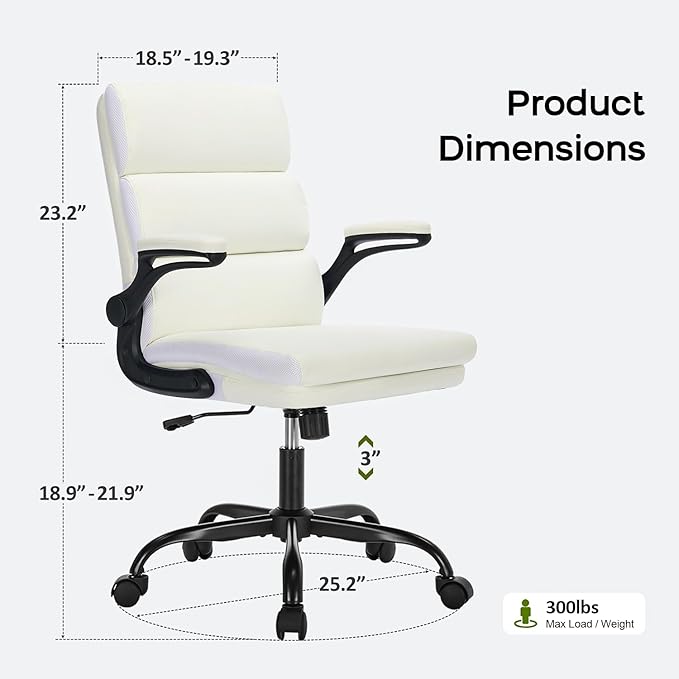 Office Chair Adjustable Desk Chair Mid Back Executive Comfortable Bonded Leather Ergonomic Back Support Home Computer Chair with Padded Flip-up Armrest Swivel Wheels (White)