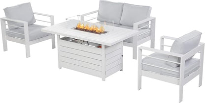 Wisteria Lane Aluminum Patio Furniture Set, 4 Piece Metal Outdoor Furniture Set with CSA Certified 54in Propane Gas Fire Pit Table, Patio Conversation Set with 5in Olefin Cover Cushions (White)