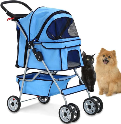 4 Wheels Pet Stroller Cat Dog Cage Stroller Travel Folding Carrier with Cup Holders and Removable Liner for Small-Medium Dog, Cat (Blue)