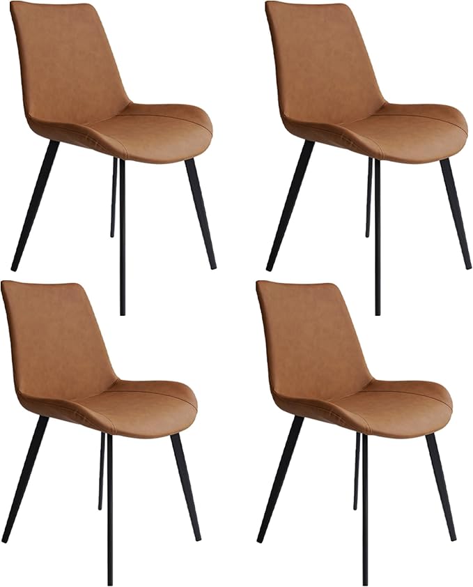 Modern Dining Chairs Set of 4, Upholstered Faux Leather Cushion Seat and Sturdy Metal Legs (4 Brown Chairs)