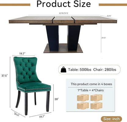 Goujxcy 5-Piece Extendable Dining Table Set for 4-8 People 63-78 Inch Kitchen Table Set with 4 Velvet Upholstered Chairs Farmhouse Rectangular Dining Room Table Set for Kitchen Dining Room Apartment