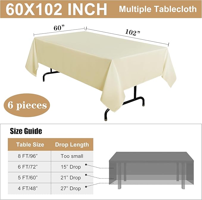 sancua 6 Pack Beige Tablecloth 60 x 102 Inch, Rectangle Table Cloth for 6 Feet Tables - Stain and Wrinkle Resistant Washable Polyester Table Cover for Dining Tables, Buffet Parties and Camping