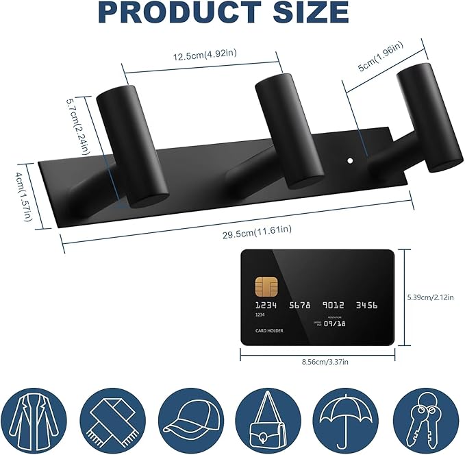 VAEHOLD Black Hat and Coat Wall Mount Rack - 3 Hooks for Robes, Bags, Keys, and Towels - Bathroom Towel Hanger Organizer (1 Pack)