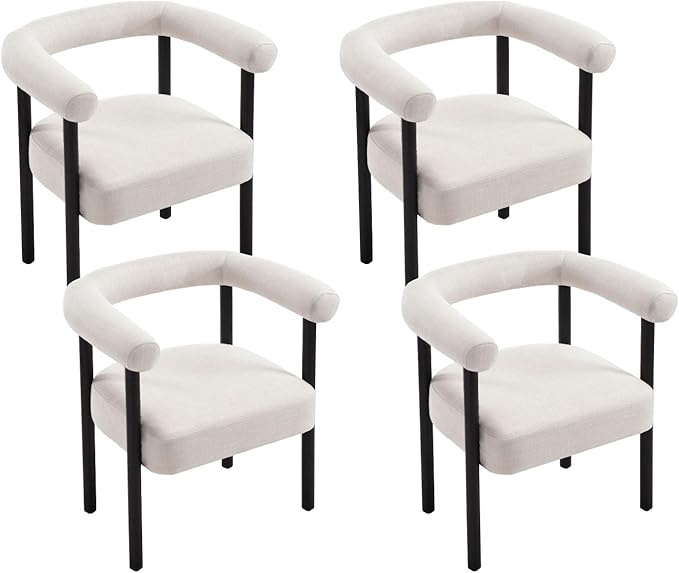 Beige Linen Dining Chairs Set of 4, Modern Upholstered Curved Backrest Kitchen Dining Room Chairs Accent Armchairs with Black Wood Legs