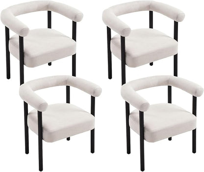 Beige Linen Dining Chairs Set of 4, Modern Upholstered Curved Backrest Kitchen Dining Room Chairs Accent Armchairs with Black Wood Legs