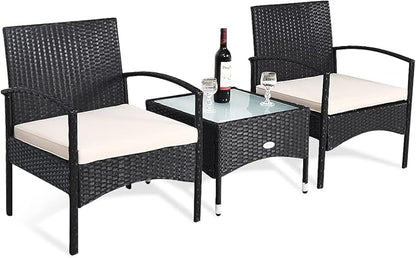 COSTWAY 3 PCS Patio Wicker Conversation Set, PE Rattan Sofa with Tempered Glass Coffee Table, 2 Chairs, 2 Cushions, Outdoor Patio Furniture Set for Yard Porch Bistro Balcony Backyard Pool, White