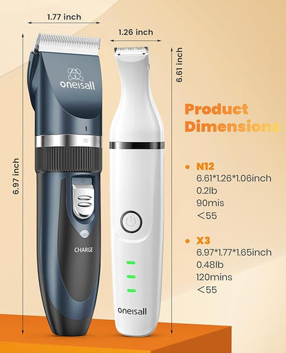 oneisall Dog Clippers and Paw Trimmer Kit 2 in 1 Low Noise Cordless Dog Clippers for Grooming Pet Hair Trimmers for Small and Large Dogs Cats Animals