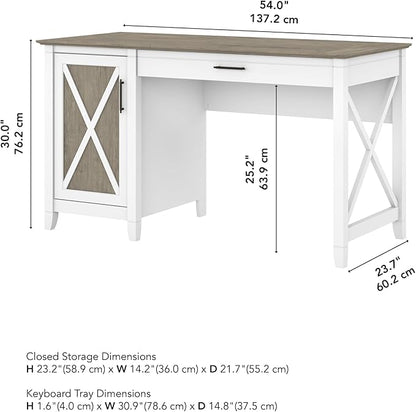 Bush Furniture Key West Computer Desk with Storage | Farmhouse PC Table for Home Office in Pure White and Shiplap Gray | 54W x 24D