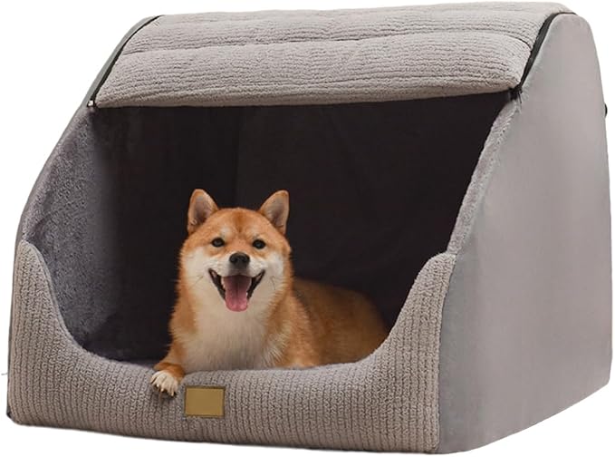 Large Dog House Indoor, Soft Plush Dogs Cave Bed Covered Pet Bed with Fluffy Washable Cushion, Portable Dog/Cat Pet Tent House for Small Medium Dogs (Grey, X-Large)