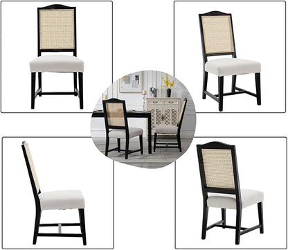 EALSON Rattan Dining Chairs Set of 2 Linen Upholstered Dining Room Chairs with Cane Back Mid Century Modern Kitchen Chairs Black Wood Frame Side Chair for Dining Room, Beige