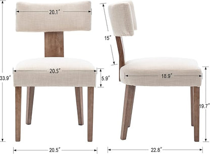Mid Century Modern Dining Chairs Set of 2 Upholstered Linen Fabric Dining Chairs Curved Backrest Farmhouse Dining Room Chairs Kitchen Chairs with Wood Legs, Beige