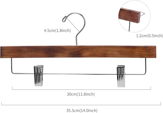 Nature Smile Deluxe Wooden Pants Hangers,Solid Lotus Wood Jeans Skirt Hanger with Clips Anti-Rust Hook Pack of 28（Retro）