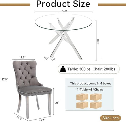 Goujxcy Round Dining Table Set for 6, Modern Glass Kitchen Table and Chairs Set of 6, 7-Piece Dining Room Table Set w/47 Circle Silver Glass Dining Table and 6 Upholstered Velvet Chairs