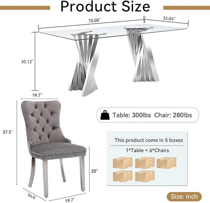 7 Piece Dining Table Set with 6 Grey Dining Chairs, Modern Glass Kitchen Table and Chairs Set for 6, 70" Rectangle Silver Glass Pedestal Dining Room Tables with Flash-Shape Stainless Steel Base