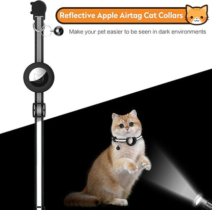 Airtag Cat Collar with Bell, Reflective Nylon Kitten Collar with Apple Air Tag Holder and Breakaway Safety Buckle for Puppy Girl Boy Cats, 3/8" in Width and Lightweight, Green