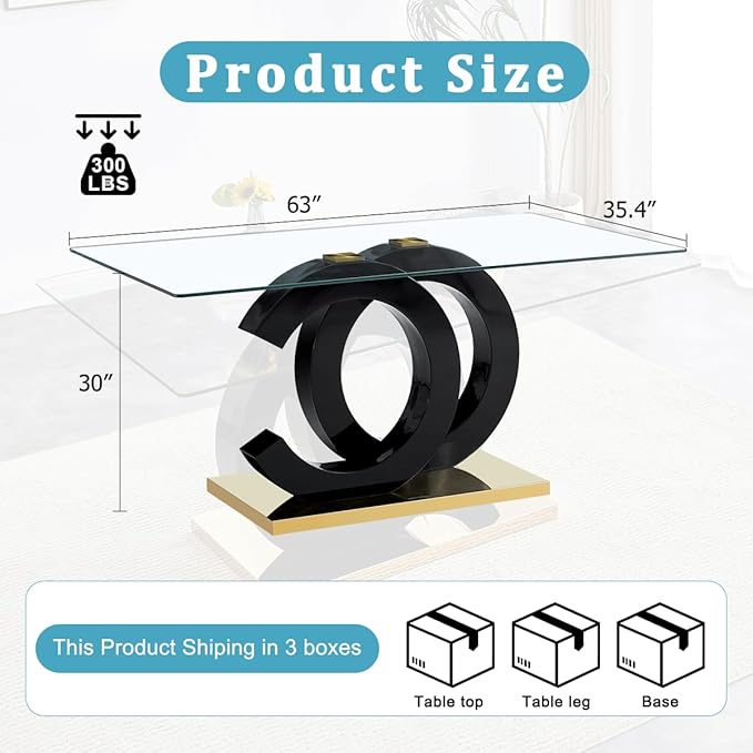 gopop 63'' Glass Dining Table, Modern Kitchen Table, Clear Glass Dining Table with Black Unique Design Leg and Gold Metal Base.(Only Table)