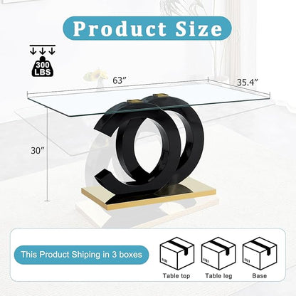 gopop 63'' Glass Dining Table, Modern Kitchen Table, Clear Glass Dining Table with Black Unique Design Leg and Gold Metal Base.(Only Table)