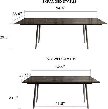 Extendable Dining Table (62.9" to 94.4") for 6 to 10 - Modern Rectangular Sintered Stone Table with High Hardness and Easy Maintenance - Stylish Black