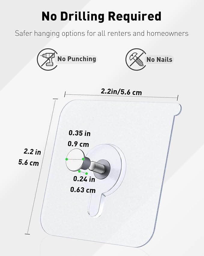 Uniclife 60 Pcs Self Adhesive Picture Hooks 33 lbs Max Load Heavy Duty Picture Hangers Without Nails Wall Hooks for Hanging Transparent Waterproof Frame Hangers Sticky Hook for Bathroom Kitchen