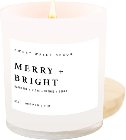 Sweet Water Decor Merry and Bright Soy Christmas Candle - Bayberry, Clove, Nutmeg, and Cedar Scented Holiday Candles for Home - 11oz White Jar + Wood Lid, 50+ Hour Burn Time, Made in The USA