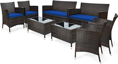 Tangkula 8 PCS Patio Rattan Conversation Set, Outdoor Wicker Furniture Set with Tempered Glass Coffee Table &Thick Cushion, Rattan Chair Wicker Set for Garden, Lawn, Poolside and Backyard (2, Navy)