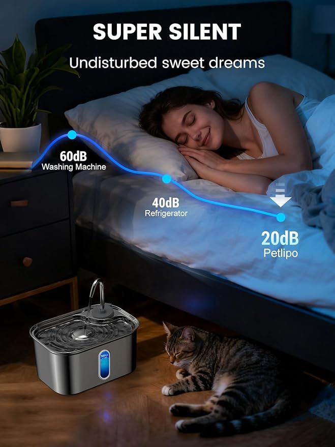 Cat Water Fountain Stainless Steel for Cats Indoor by BPA-Free SUS304, Effective 6-Layer Filter Cat Fountains for Drinking 2.5L 85oz 20dB Ultra Quiet Soft Flow Metal Pet Water Fountain