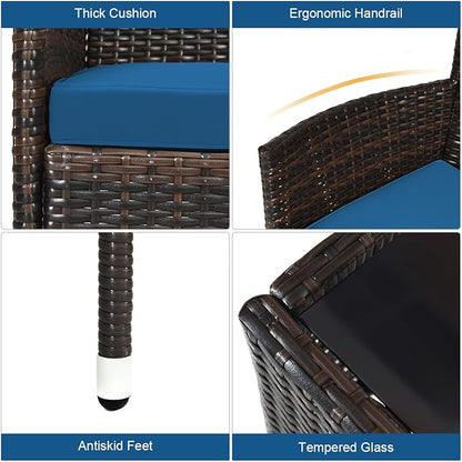 Tangkula 4 Pieces Patio Rattan Conversation Set with Tempered Glass Coffee Table & Thick Cushion, Wicker Set for Garden, Lawn, Poolside and Backyard