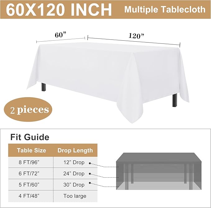 sancua 2 Pack White Tablecloth 60 x 120 Inch, Rectangle 8 Feet Table Cloth - Stain and Wrinkle Resistant Washable Polyester Table Cover for Dining Tables, Buffet Parties and Camping