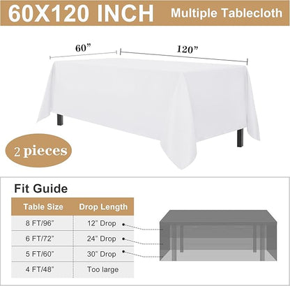 sancua 2 Pack White Tablecloth 60 x 120 Inch, Rectangle 8 Feet Table Cloth - Stain and Wrinkle Resistant Washable Polyester Table Cover for Dining Tables, Buffet Parties and Camping