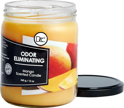 Mango Odor Eliminating Highly Fragranced Candle - Eliminates 95% of Pet, Smoke, Food, and Other Smells Quickly - Up to 80 Hour Burn time - 12 Ounce Premium Soy Blend
