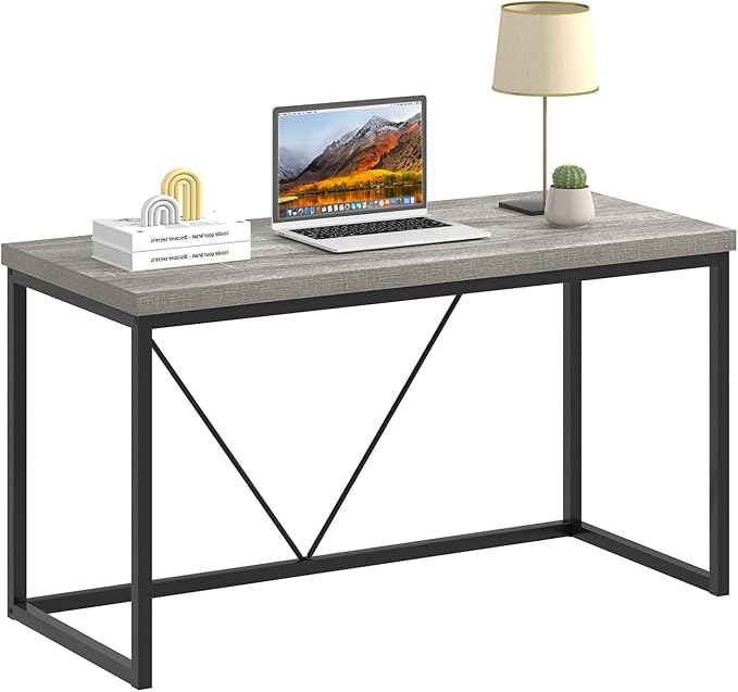 FOLUBAN Modern Home Office Desk, Industrial Vintage Computer Desk, Rustic Wood and Metal Study Writing Table, Simple Work Gaming PC Desks for Bedroom Living Room, Light Grey 53 Inch