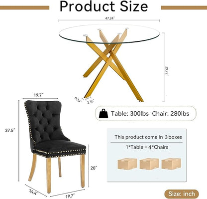 Goujxcy Round Dining Table Set for 4, Modern Glass Kitchen Table and Chairs Set of 4, 5-Piece Dining Room Table Set w/47 Circle Gold Glass Dining Table and 4 Upholstered Velvet Chairs