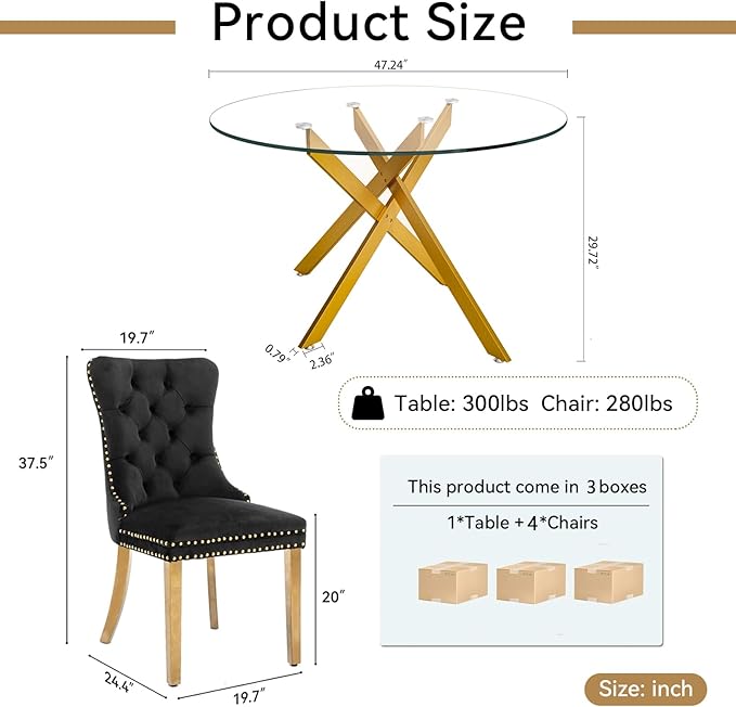 Goujxcy 5 Piece Round Glass Dining Table Set for 4, 47" Round Dining Table & Chair Set Modern Circle Glass Kitchen Table and 4 Velvet Upholstered Chairs for Kitchen Dining (Gold Table & Black Chair)