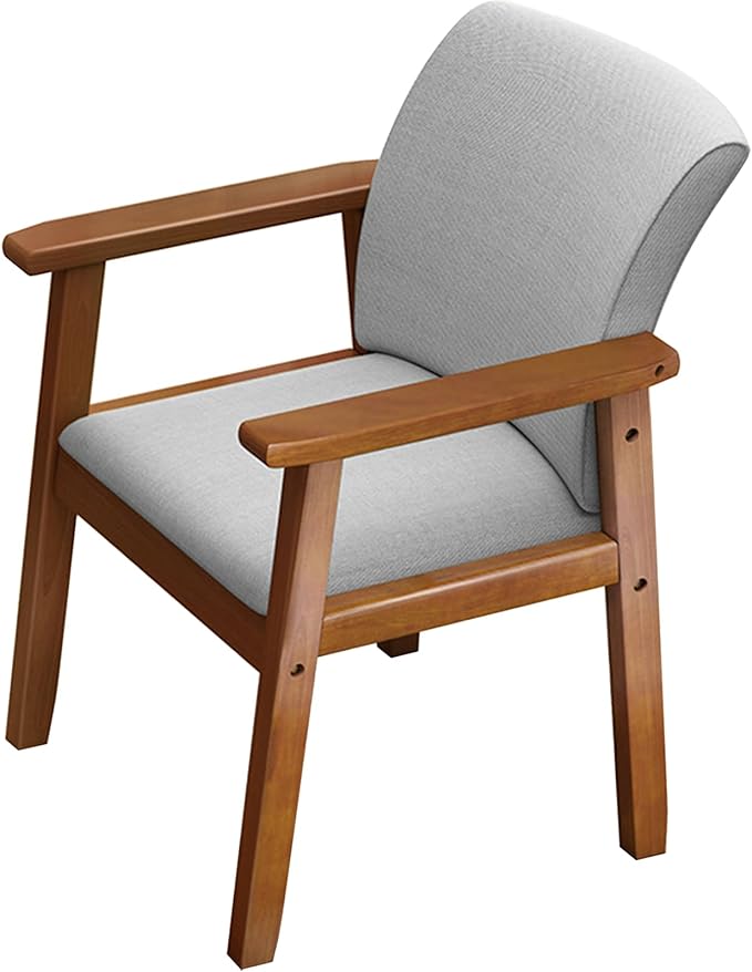 Solid Wood Upholstered Dining Chair, Mid Century Modern Dining Room Chair with Curved Backrest and Armrest for Kitchen, Living Room, Study Room, Walnut and Gray