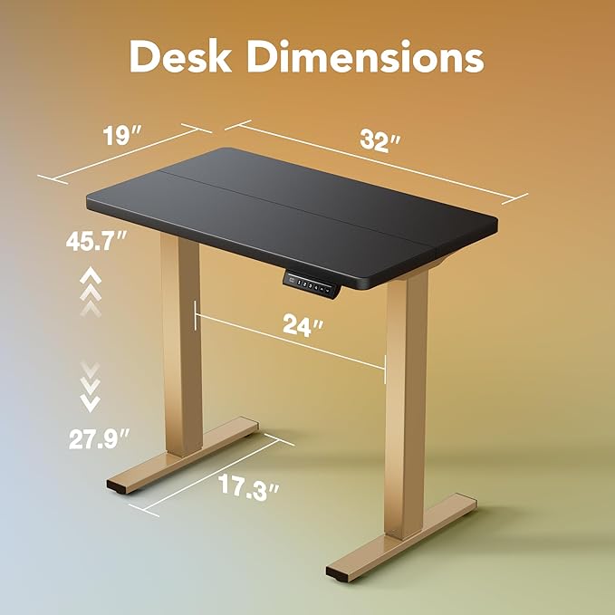 HUANUO 32" Small Electric Standing Desk Adjustable Height, 4 Memory Height Settings, Sit Stand Up Desk for Home Office & Computer Workstation, Black and Gold Frame