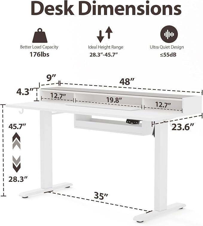 Agilestic Glass Standing Desk with Storage, 48 Inch Electric Adjustable Desk with Glass Shelf and Cable Management, Sit Stand Up Home Office Computer Table, Splice Board, White