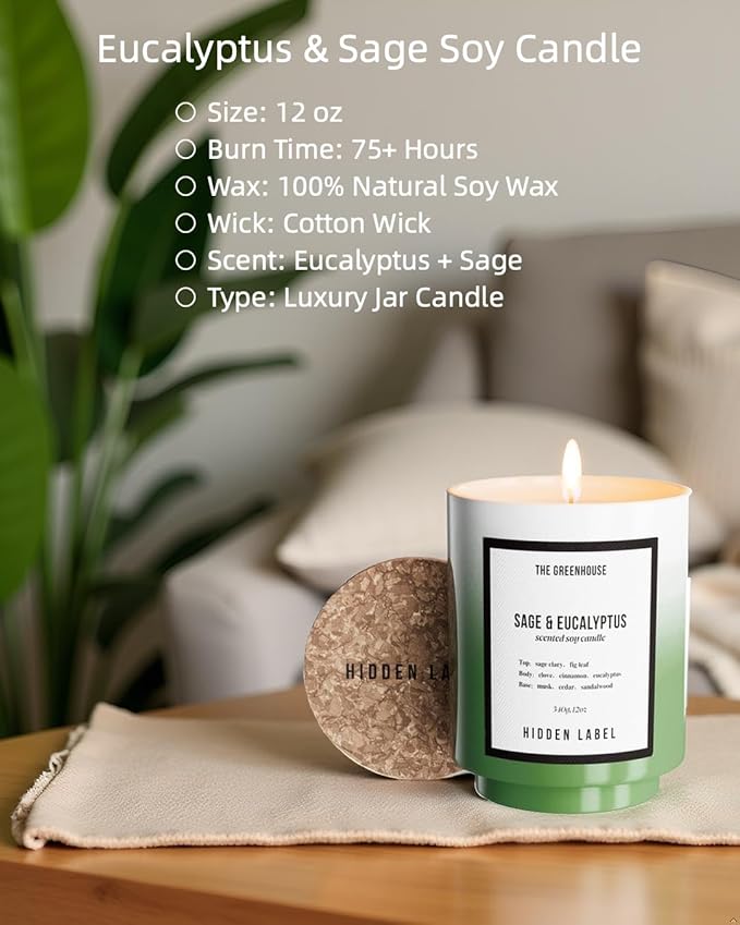 Christmas Candle, Eucalyptus Sage Soy Candle, 12oz/75-Hours Burn Time, 100% Natural Candles Non Toxic, Aromatherapy Candle for Home Scented,Women,Stress Relief, Meditation, Yoga & Relaxation