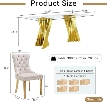 Goujxcy 70" Glass Dining Table Set for 6, Modern Gold Dining Table Set with 6 Beige Velvet Upholstered Dining Chairs, 7 Piece Kitchen Dining Room Table Set with Stainless Steel Legs