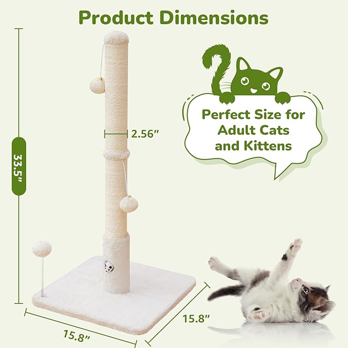 Woochpet Cat Scratching Posts 33" for Adults Cats, Cat Scratcher with Soft Fabric Covering Base and Durable Sisal Rope, Scratcher with Fun Mouse Hole and Cat Toy for Tall Cats (White)