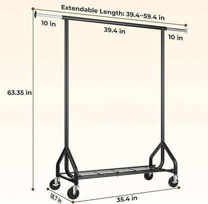 Heavy-Duty 450LBS Capacity Metal Clothes Rack，Rolling Clothing Rack with Wheels & Shelves, Portable Standing Wardrobe Rack for Hanging Clothes, Black