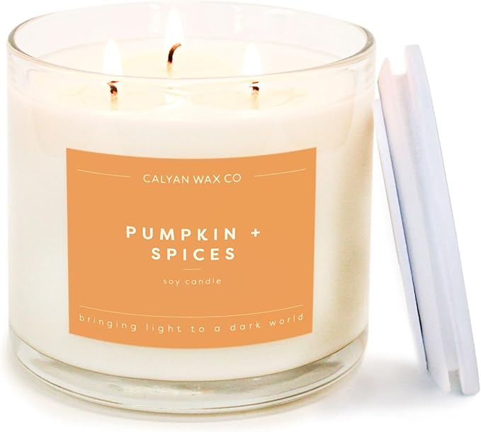 Calyan Wax Co. Pumpkin & Spices 3 Wick Scented Candle - 43 Hour Burn - Luxury 3 Wick Soy Candles - Non Toxic Soy Wax Candles - Long Lasting Large Glass Jar Candle for Home - 14.9oz